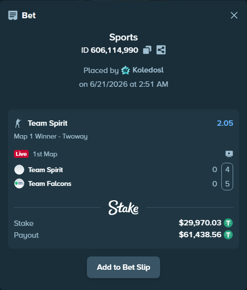 Bet slip: Team Spirit - Team Falcons, $30,000.00 stake at 2.05 odds, placed by Koledosl