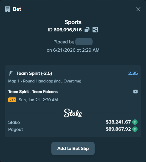 Bet slip: Team Spirit - Team Falcons, $38,279.91 stake at 2.35 odds, placed by GoldenKot