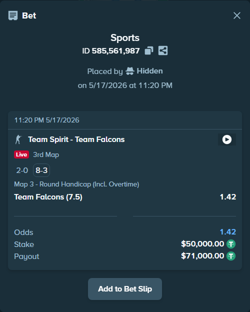 Bet slip: Team Spirit - Team Falcons, $50,000.00 stake at 1.42 odds, placed by Hidden