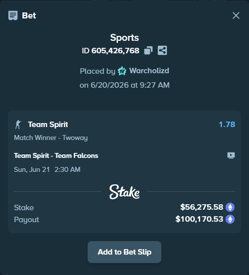 Bet slip: Team Spirit - Team Falcons, $51,885.57 stake at 1.78 odds, placed by Warcholizd