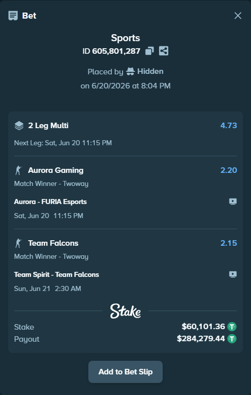 Bet slip: Team Spirit - Team Falcons, $60,161.46 stake at 2.15 odds, placed by Hidden