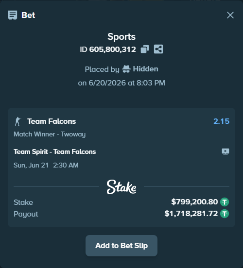 Bet slip: Team Spirit - Team Falcons, $800,000.00 stake at 2.15 odds, placed by Hidden