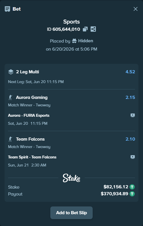 Bet slip: Team Spirit - Team Falcons, $82,238.28 stake at 2.10 odds, placed by Hidden