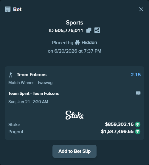 Bet slip: Team Spirit - Team Falcons, $860,161.46 stake at 2.15 odds, placed by Hidden