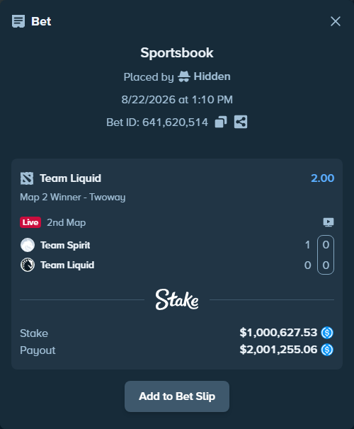 Bet slip: Team Spirit - Team Liquid, $1,000,627.53 stake at 2.00 odds, placed by Hidden
