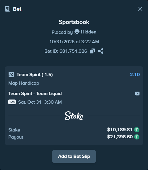 Bet slip: Team Spirit - Team Liquid, $10,200.00 stake at 2.10 odds, placed by Hidden