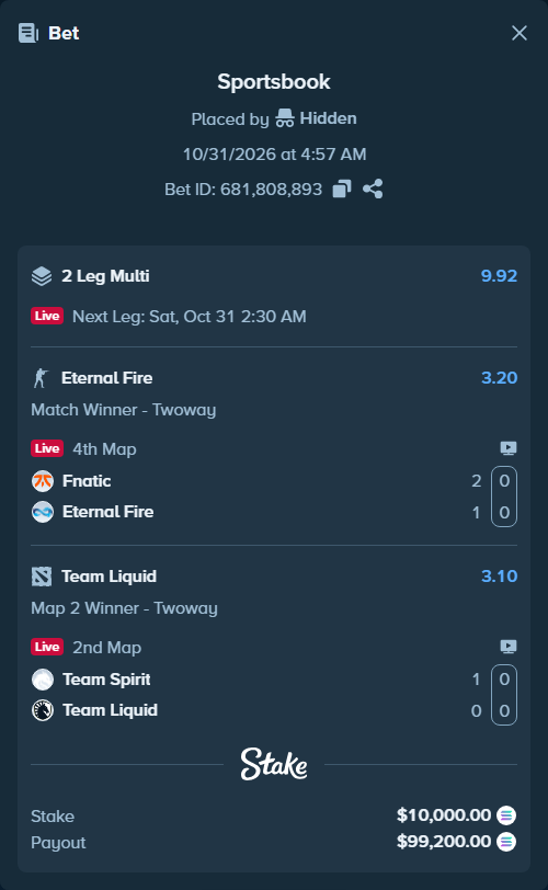 Bet slip: Team Spirit - Team Liquid, $9,943.69 stake at 3.10 odds, placed by Hidden