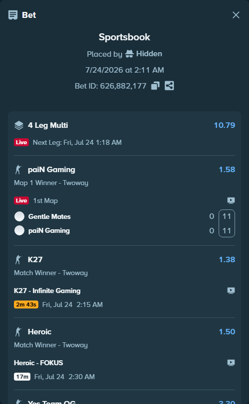 Bet slip: Team Spirit - Team OG, $9,577.91 stake at 3.30 odds, placed by Hidden