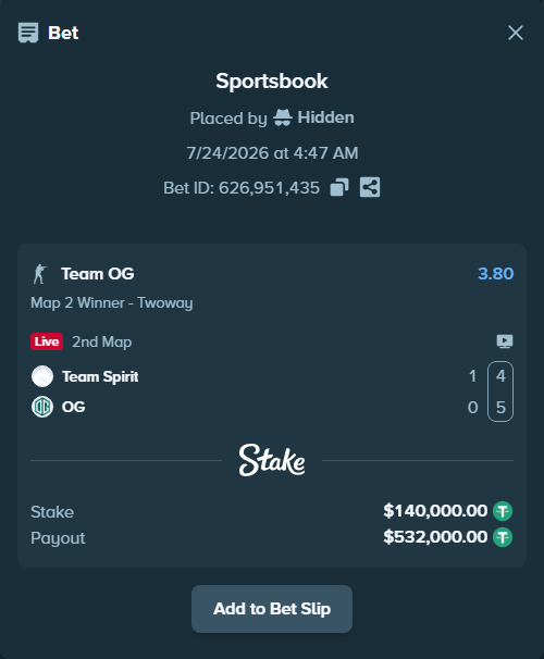 Bet slip: Team Spirit - Team OG, $140,140.00 stake at 3.80 odds, placed by Hidden