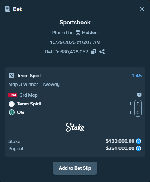 Bet slip: Team Spirit - Team OG, $180,000.00 stake at 1.45 odds, placed by Hidden