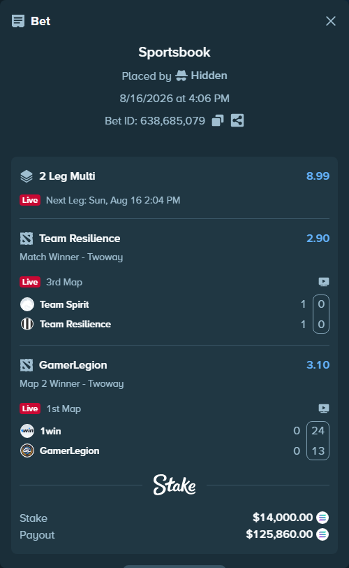 Bet slip: Team Spirit - Team Resilience, $13,995.43 stake at 2.90 odds, placed by Hidden