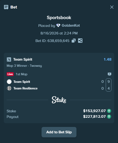 Bet slip: Team Spirit - Team Resilience, $154,081.00 stake at 1.48 odds, placed by GoldenKot