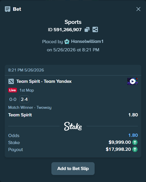 Bet slip: Team Spirit - Team Yandex, $10,009.00 stake at 1.80 odds, placed by Hanselwilliam1