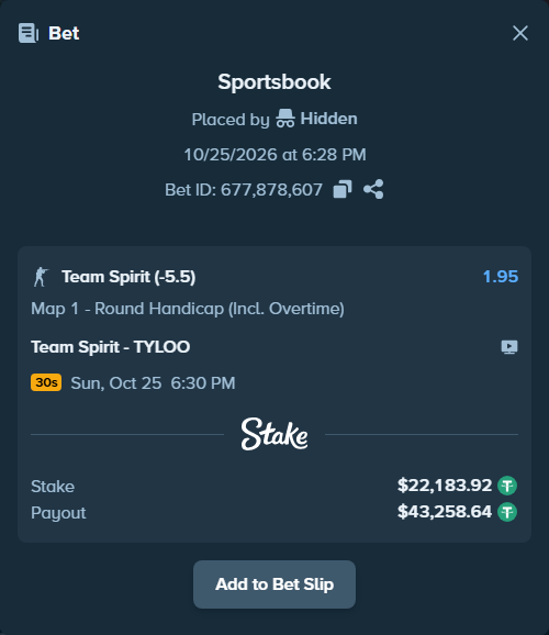 Bet slip: Team Spirit - TYLOO, $22,206.10 stake at 1.95 odds, placed by jxd1314