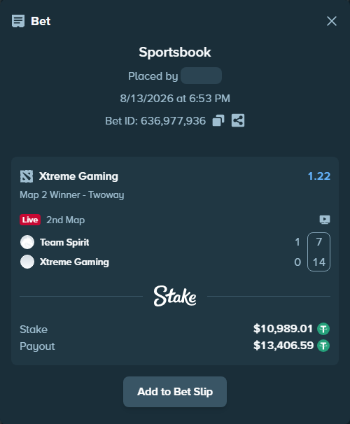 Bet slip: Team Spirit - Xtreme Gaming, $11,000.00 stake at 1.22 odds, placed by Hanselwilliam1