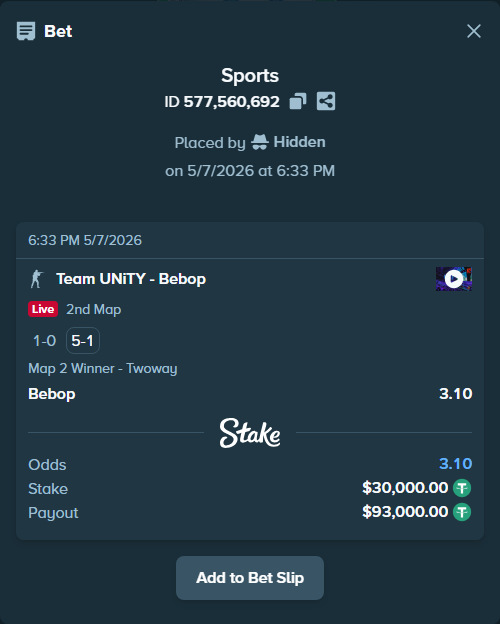 Bet slip: Team UNiTY - Bebop, $30,000.00 stake at 3.10 odds, placed by Hidden