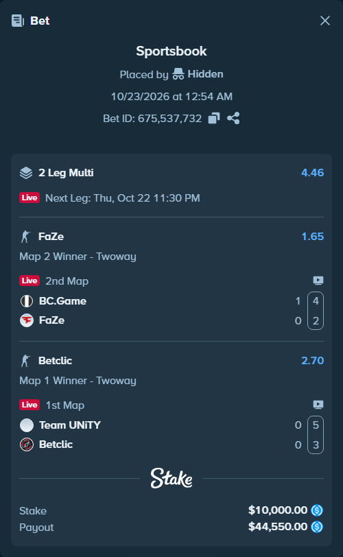 Bet slip: Team UNiTY - Betclic, $10,000.00 stake at 2.70 odds, placed by Hidden