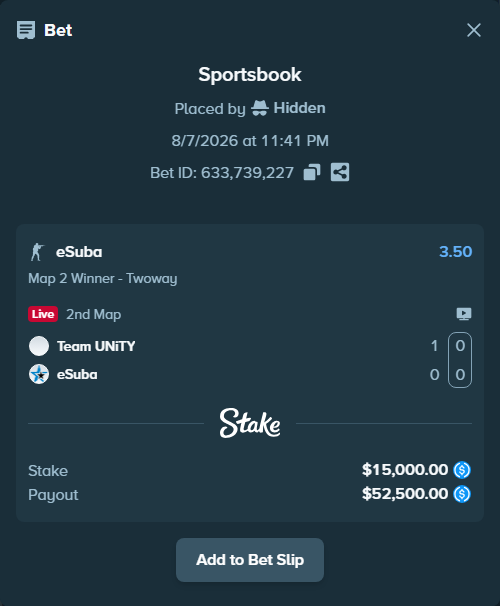 Bet slip: Team UNiTY - eSuba, $15,000.00 stake at 3.50 odds, placed by Hidden