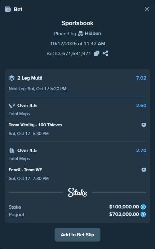 Bet slip: Team Vitality - 100 Thieves, $100,000.00 stake at 2.60 odds, placed by Hidden