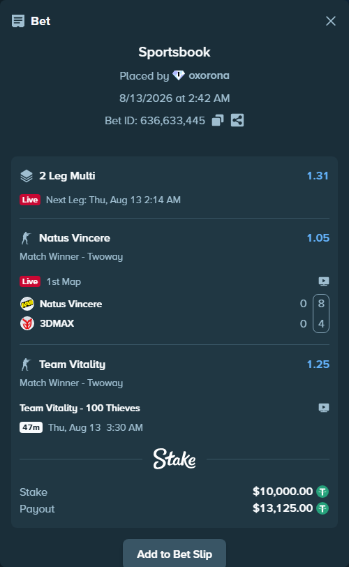 Bet slip: Team Vitality - 100 Thieves, $10,010.00 stake at 1.25 odds, placed by oxorona