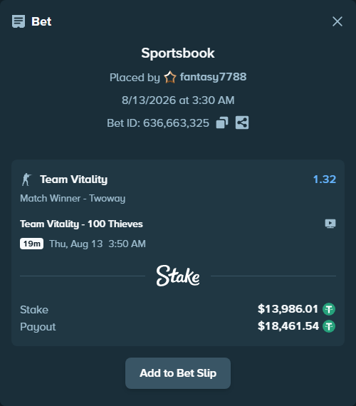 Bet slip: Team Vitality - 100 Thieves, $14,000.00 stake at 1.32 odds, placed by fantasy7788