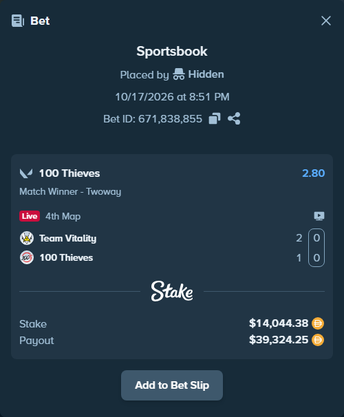 Bet slip: Team Vitality - 100 Thieves, $14,044.38 stake at 2.80 odds, placed by MrBerry123
