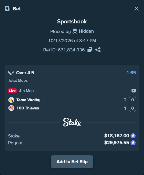 Bet slip: Team Vitality - 100 Thieves, $18,144.50 stake at 1.65 odds, placed by Hidden