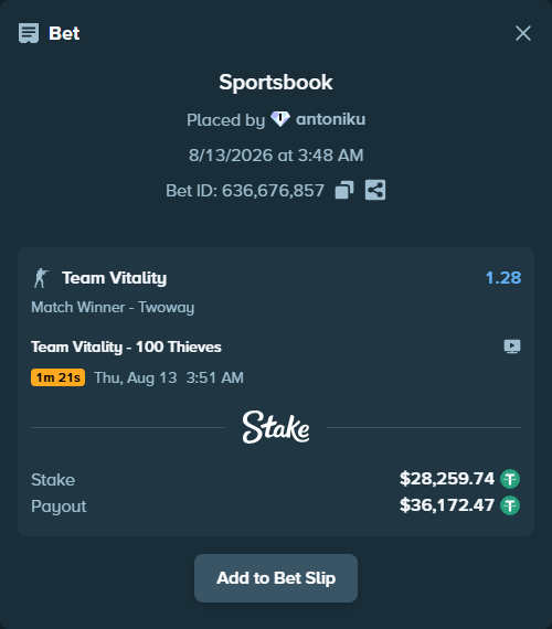 Bet slip: Team Vitality - 100 Thieves, $28,288.00 stake at 1.28 odds, placed by antoniku