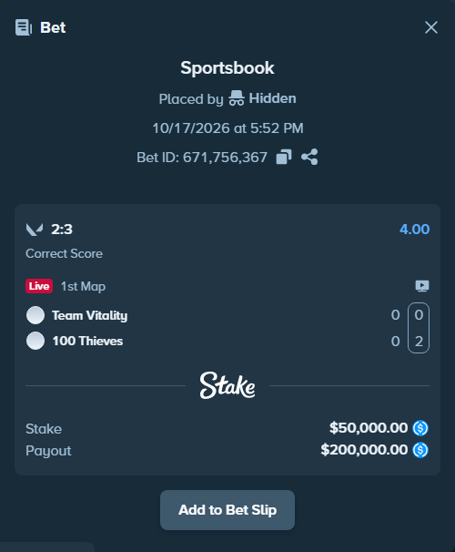 Bet slip: Team Vitality - 100 Thieves, $50,000.00 stake at 4.00 odds, placed by Hidden