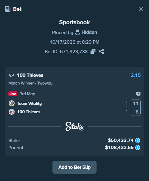 Bet slip: Team Vitality - 100 Thieves, $50,433.74 stake at 2.15 odds, placed by Hidden