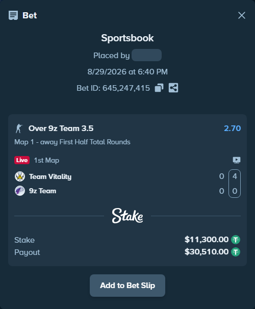 Bet slip: Team Vitality - 9z Team, $11,300.00 stake at 2.70 odds, placed by saszakoncza