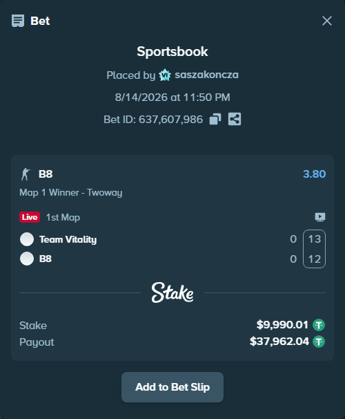 Bet slip: Team Vitality - B8, $10,000.00 stake at 3.80 odds, placed by saszakoncza