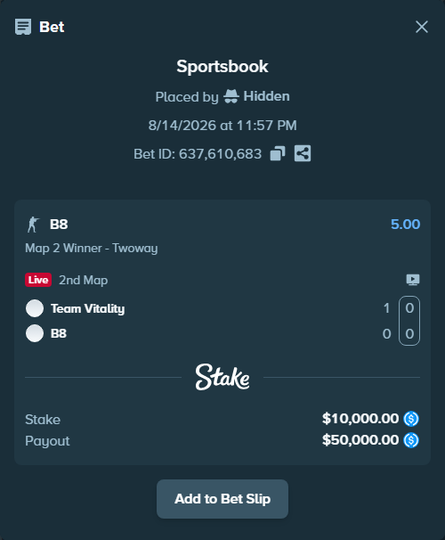Bet slip: Team Vitality - B8, $10,000.00 stake at 5.00 odds, placed by Hidden