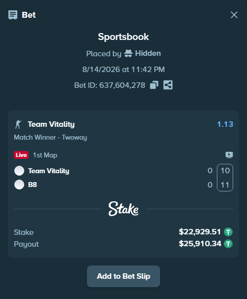 Bet slip: Team Vitality - B8, $22,952.44 stake at 1.13 odds, placed by Hidden