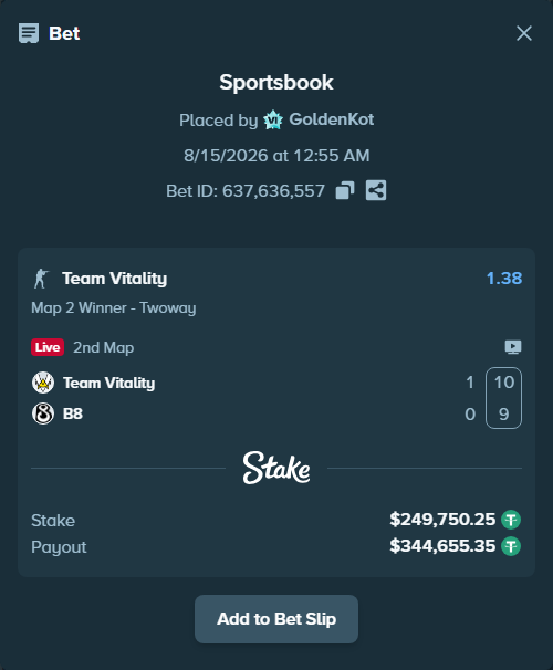 Bet slip: Team Vitality - B8, $250,000.00 stake at 1.38 odds, placed by GoldenKot