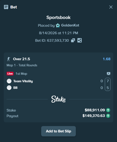Bet slip: Team Vitality - B8, $89,000.00 stake at 1.68 odds, placed by GoldenKot