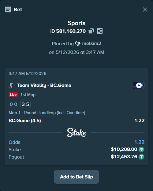 Bet slip: Team Vitality - BC.Game, $10,208.00 stake at 1.22 odds, placed by melkim2