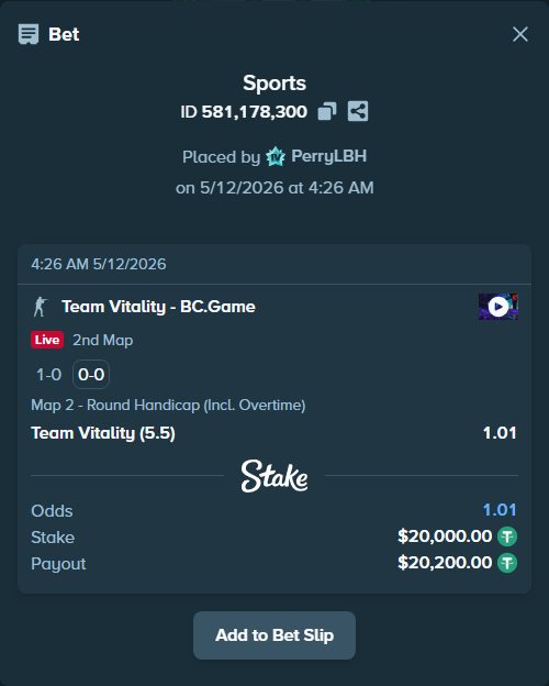 Bet slip: Team Vitality - BC.Game, $20,000.00 stake at 1.01 odds, placed by PerryLBH