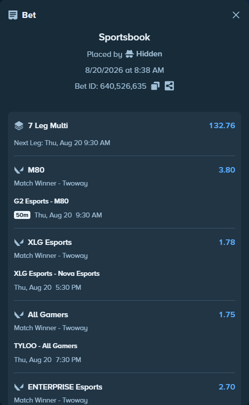 Bet slip: Team Vitality - ENTERPRISE Esports, $10,491.50 stake at 2.70 odds, placed by Hidden