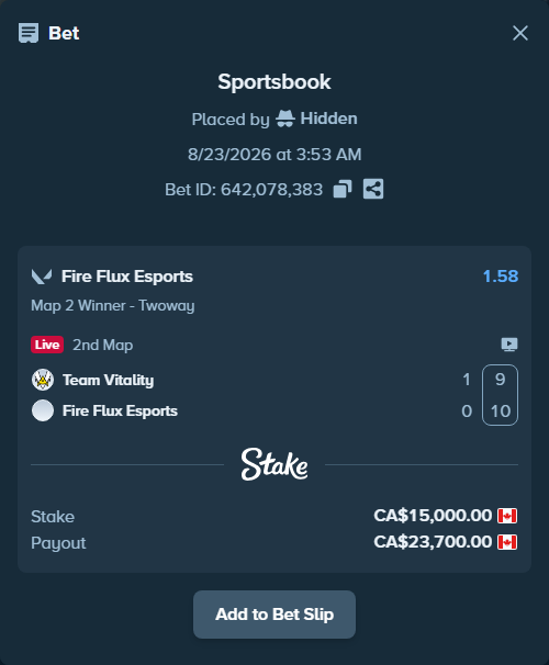 Bet slip: Team Vitality - Fire Flux Esports, $11,100.00 stake at 1.58 odds, placed by Hidden
