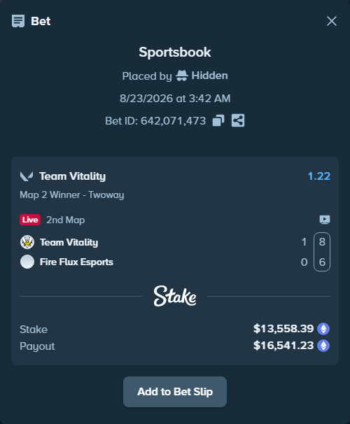 Bet slip: Team Vitality - Fire Flux Esports, $13,564.90 stake at 1.22 odds, placed by Hidden