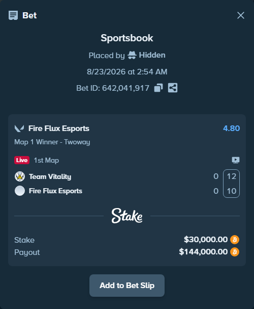 Bet slip: Team Vitality - Fire Flux Esports, $30,001.65 stake at 4.80 odds, placed by Hidden