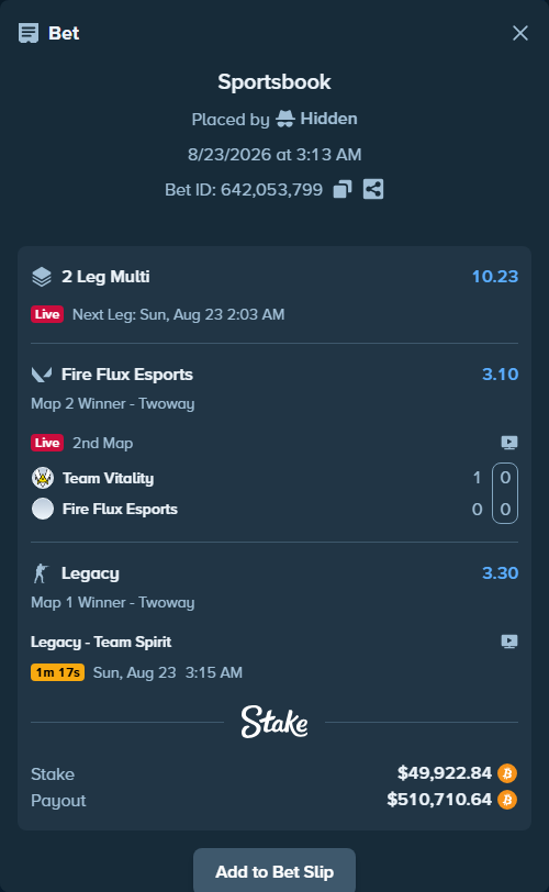 Bet slip: Team Vitality - Fire Flux Esports, $49,987.87 stake at 3.10 odds, placed by Hidden