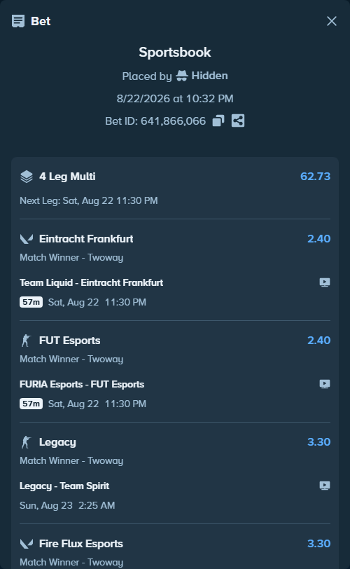 Bet slip: Team Vitality - Fire Flux Esports, $9,991.66 stake at 3.30 odds, placed by Hidden