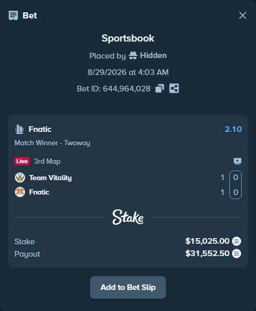Bet slip: Team Vitality - Fnatic, $14,980.05 stake at 2.10 odds, placed by Hidden