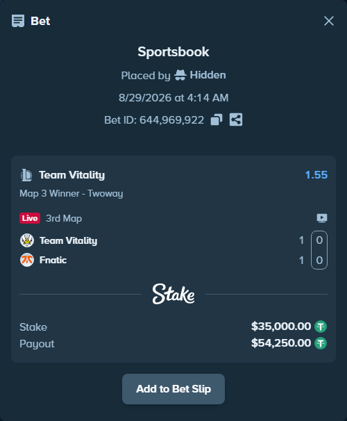 Bet slip: Team Vitality - Fnatic, $35,000.00 stake at 1.55 odds, placed by Hidden
