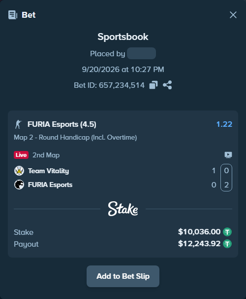 Bet slip: Team Vitality - FURIA Esports, $10,036.00 stake at 1.22 odds, placed by jienigou