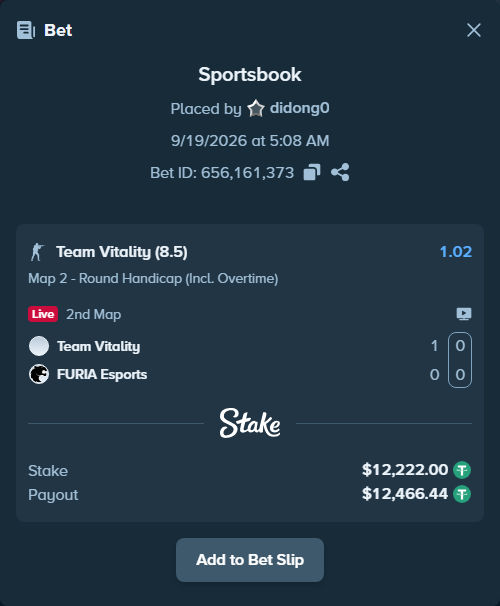 Bet slip: Team Vitality - FURIA Esports, $12,222.00 stake at 1.02 odds, placed by didong0