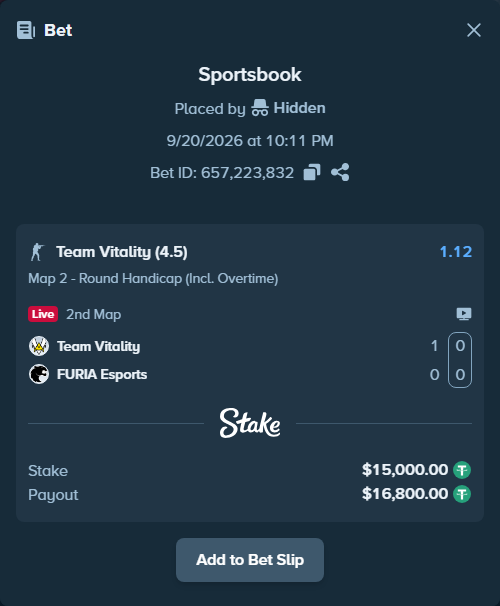 Bet slip: Team Vitality - FURIA Esports, $15,000.00 stake at 1.12 odds, placed by Hidden
