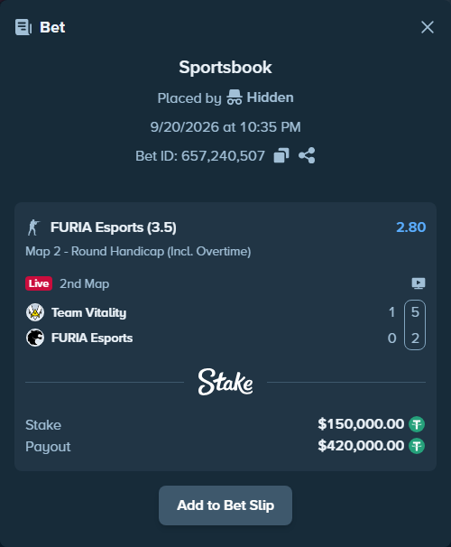 Bet slip: Team Vitality - FURIA Esports, $150,000.00 stake at 2.80 odds, placed by Hidden